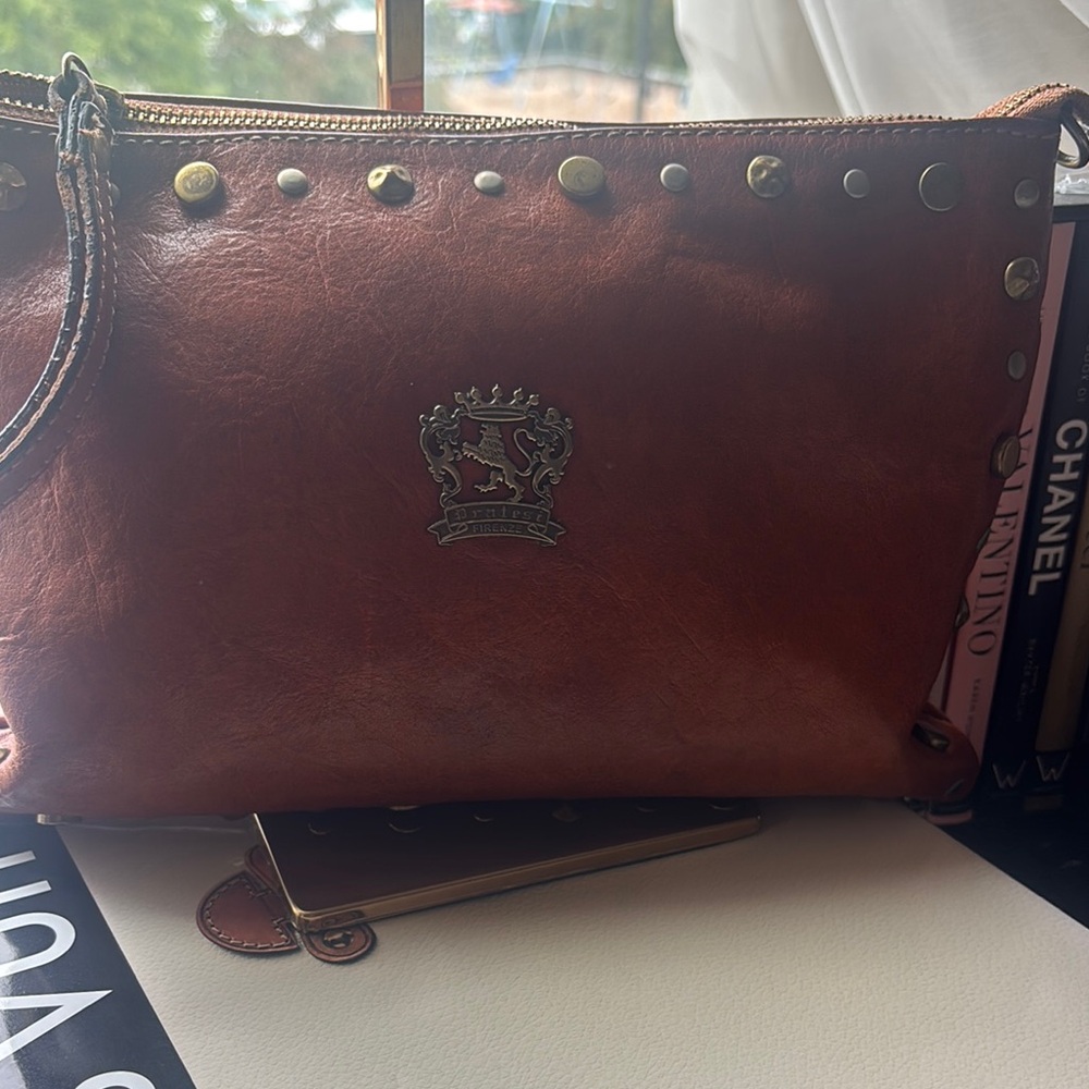 Peresi Brown Leather Studded Clutch with Embossed Logo